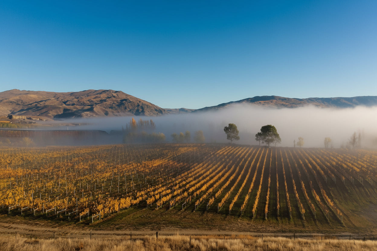 Vineyard with rows of grapevines under a clear blue sky with misty mountains in the background.